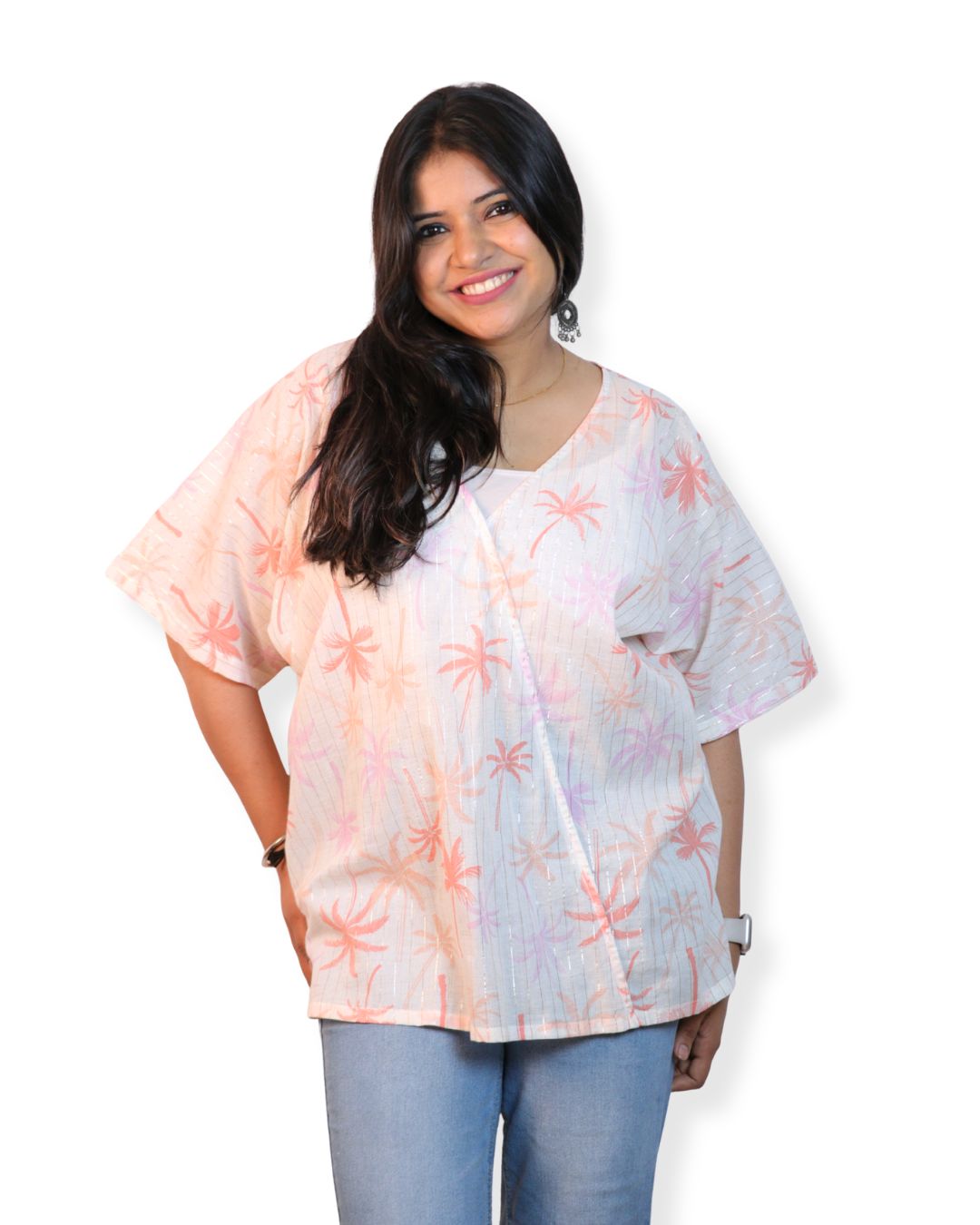 Palm White A-line floral tunic with a relaxed, breezy fit