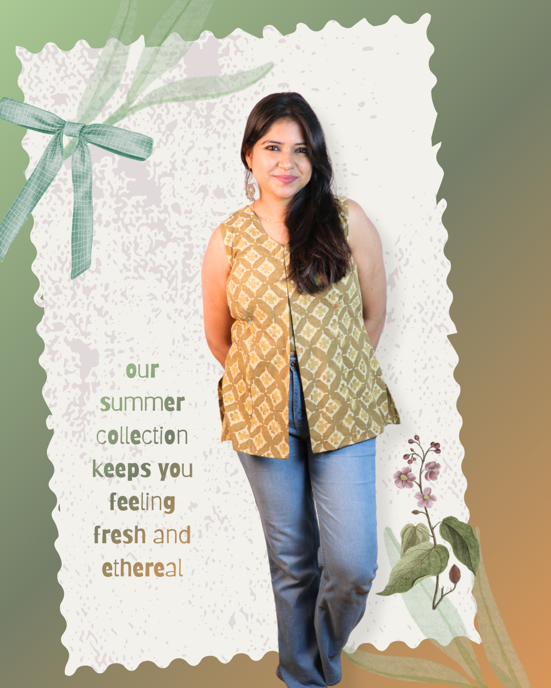 Block Print sleeveless, front-slit peplum tunic