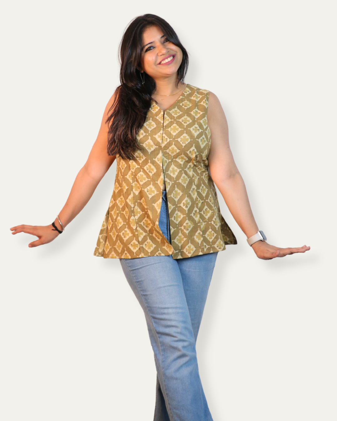 Block Print sleeveless, front-slit peplum tunic