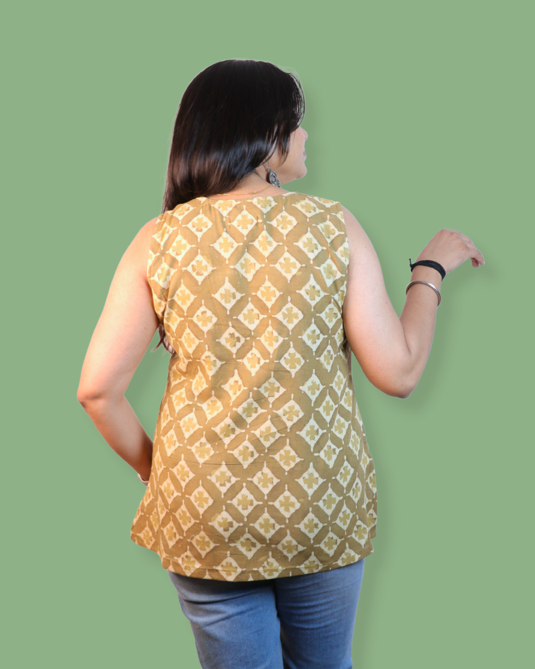 Block Print sleeveless, front-slit peplum tunic