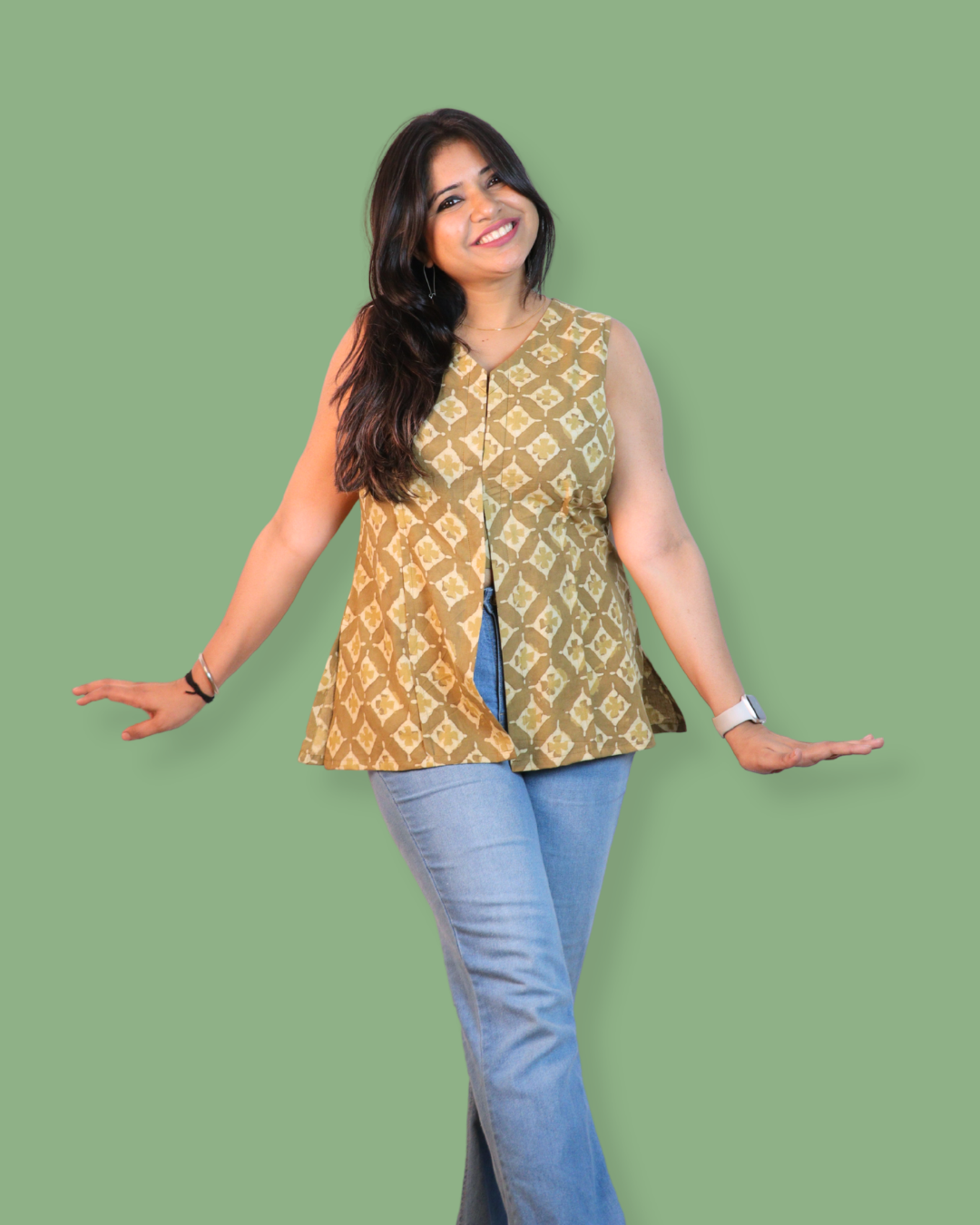Block Print sleeveless, front-slit peplum tunic
