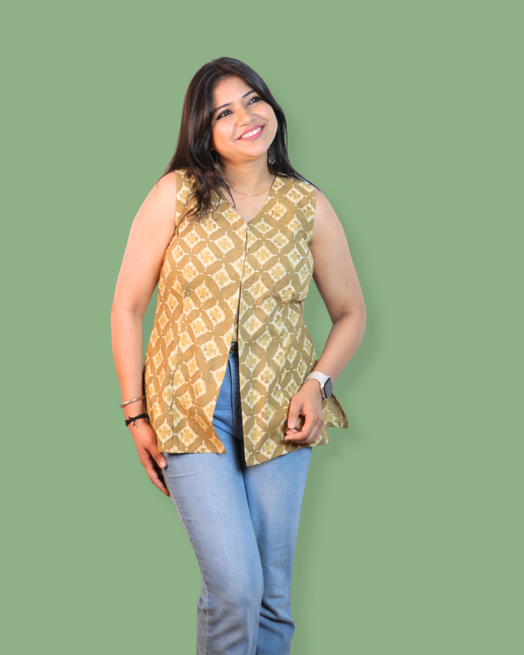 Block Print sleeveless, front-slit peplum tunic