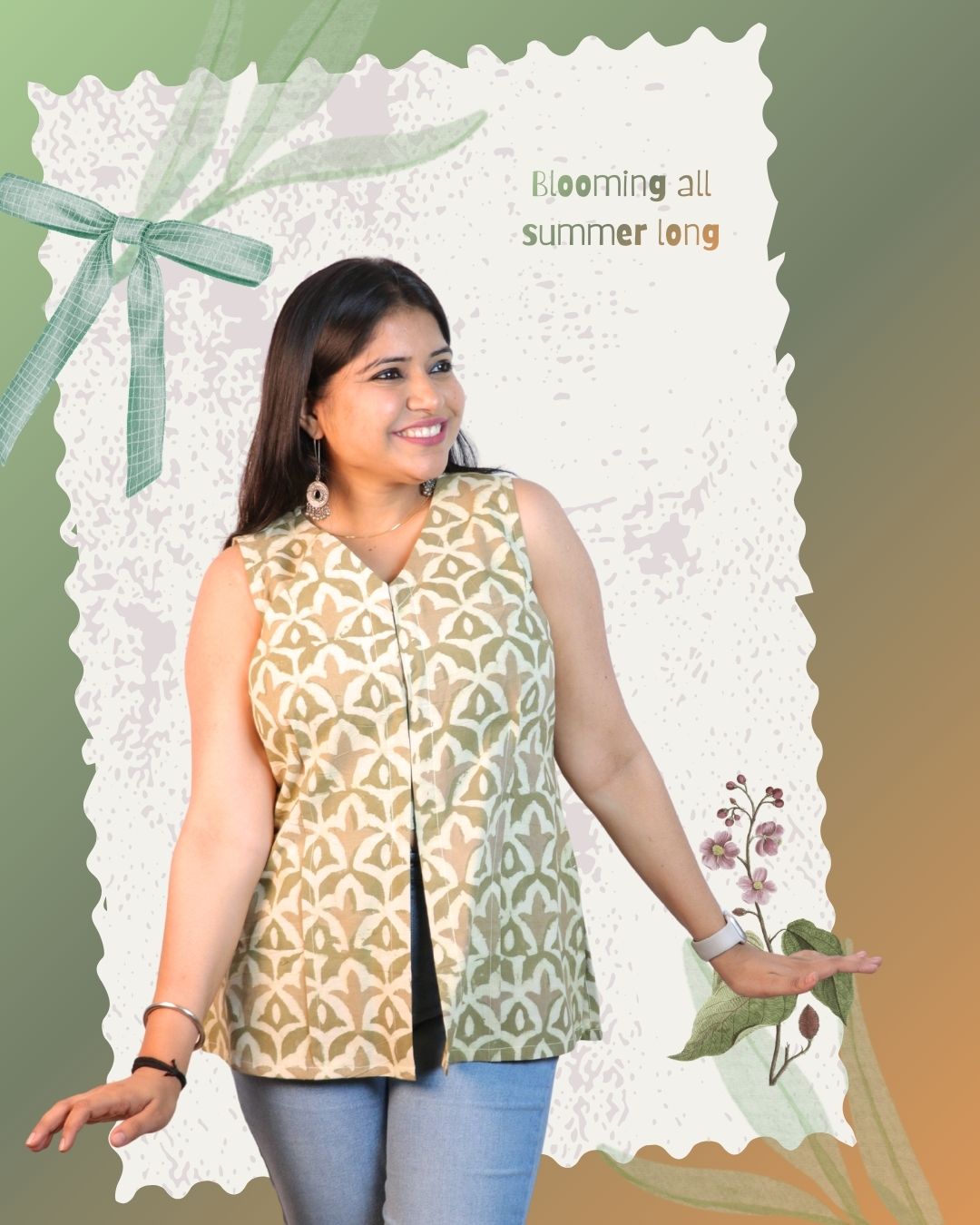Block Print Cotton Sleeveless, front-slit peplum tunic