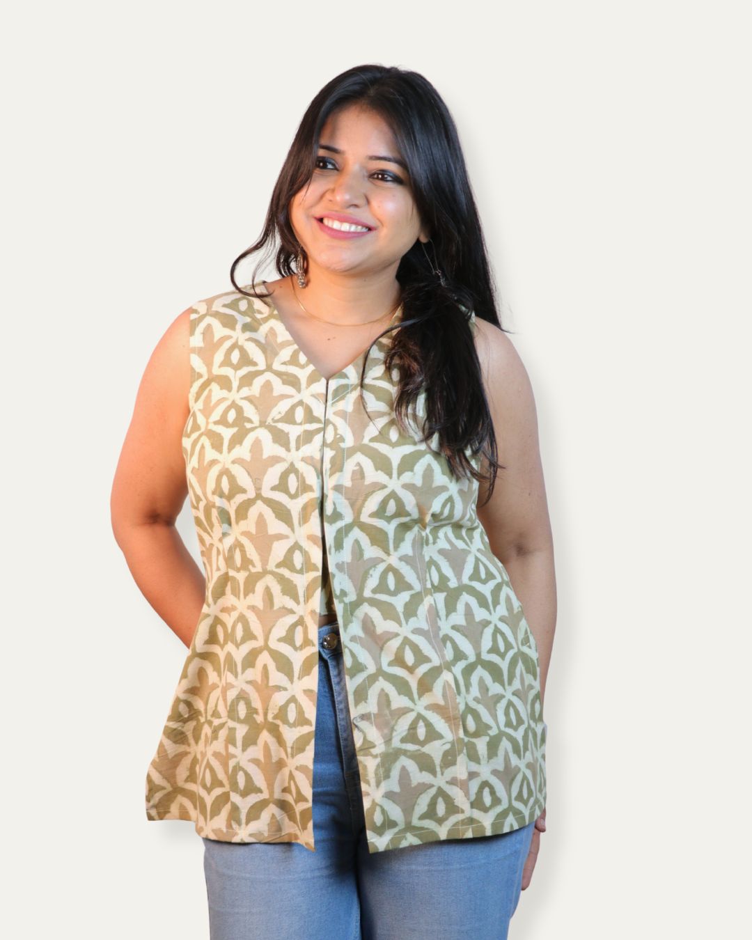 Block Print Cotton Sleeveless, front-slit peplum tunic