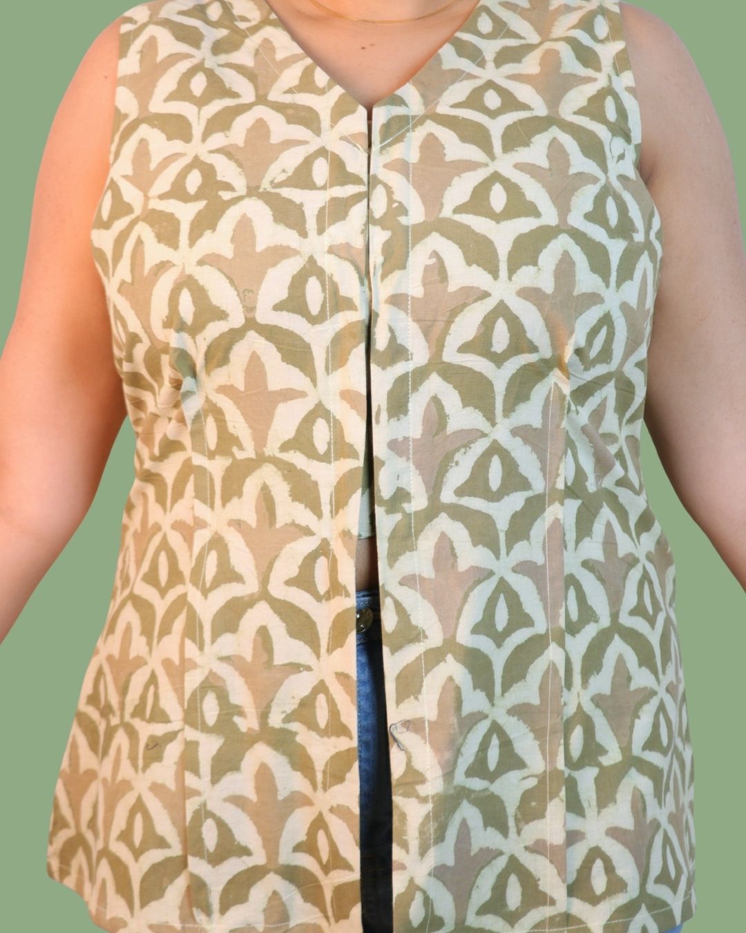 Block Print Cotton Sleeveless, front-slit peplum tunic