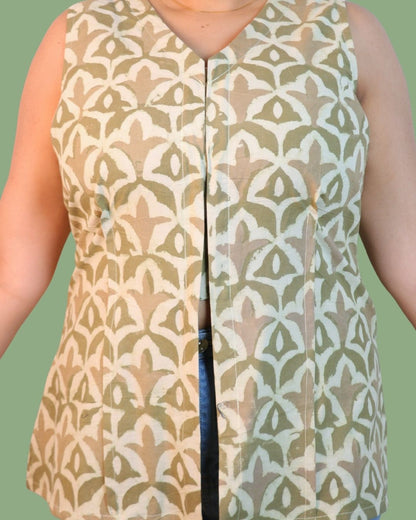 Block Print Cotton Sleeveless, front-slit peplum tunic