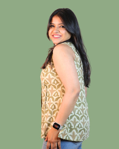 Block Print Cotton Sleeveless, front-slit peplum tunic