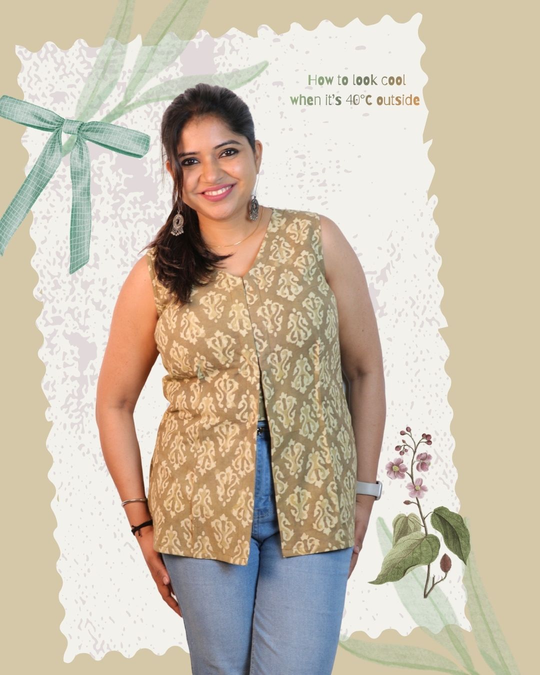 Block Print Green Cotton Sleeveless, front-slit peplum tunic