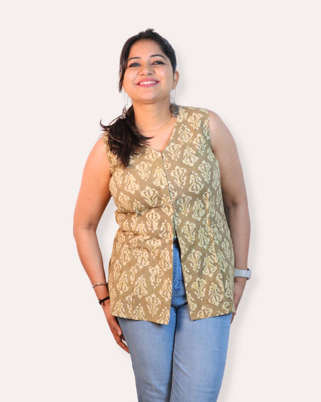 Block Print Green Cotton Sleeveless, front-slit peplum tunic