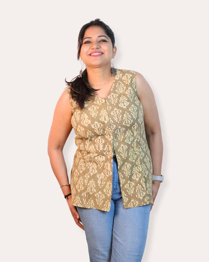 Block Print Green Cotton Sleeveless, front-slit peplum tunic