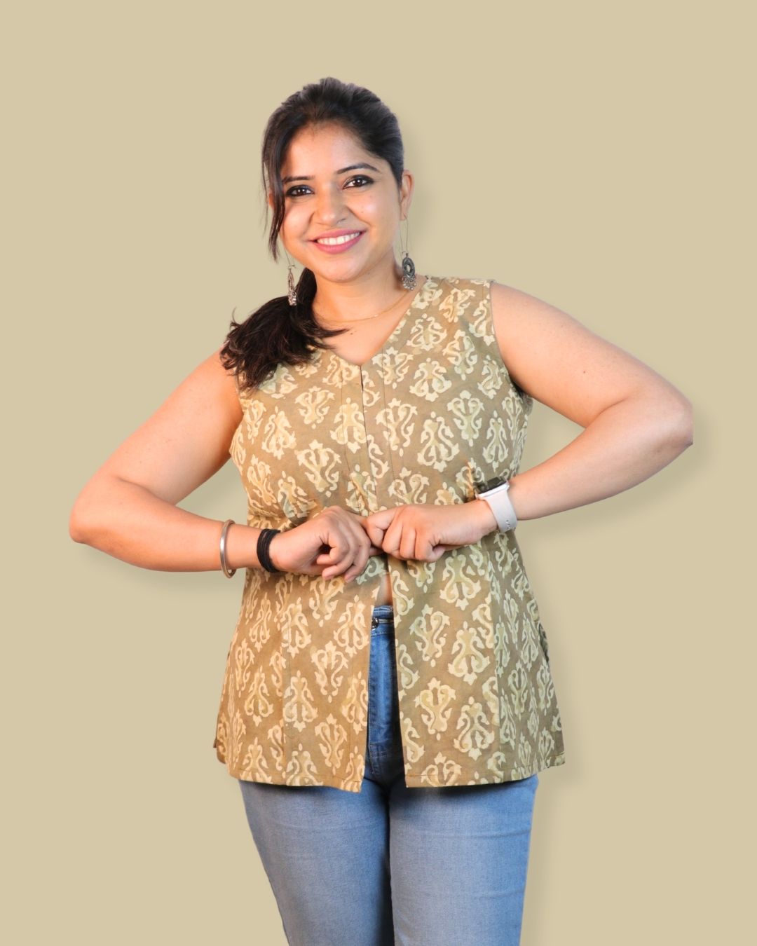 Block Print Green Cotton Sleeveless, front-slit peplum tunic