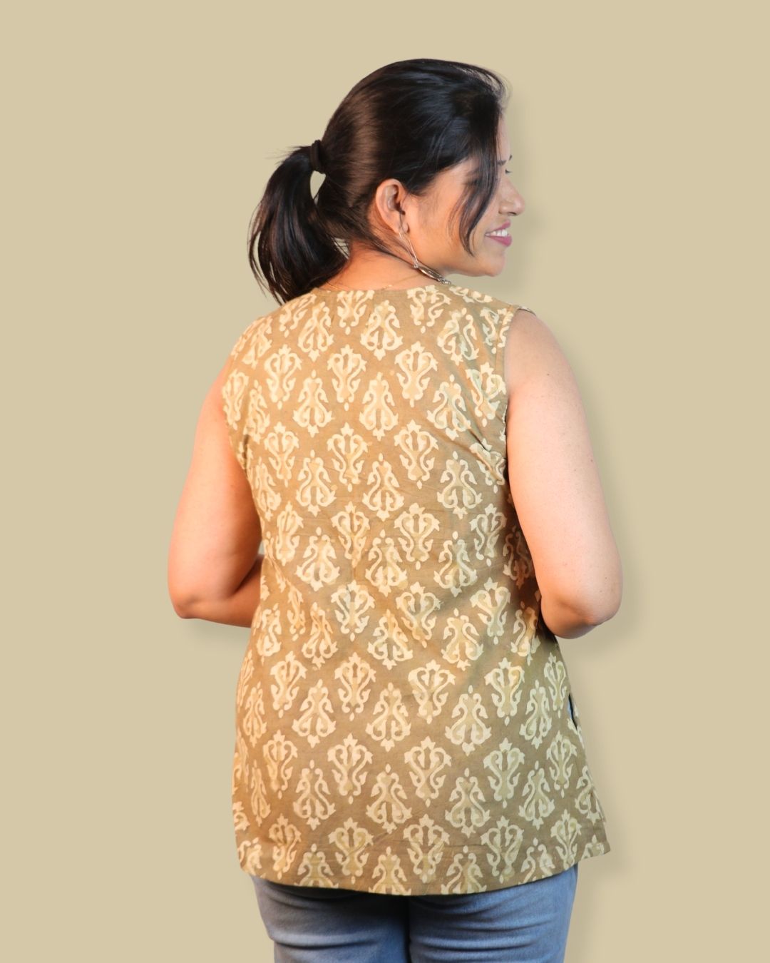 Block Print Green Cotton Sleeveless, front-slit peplum tunic