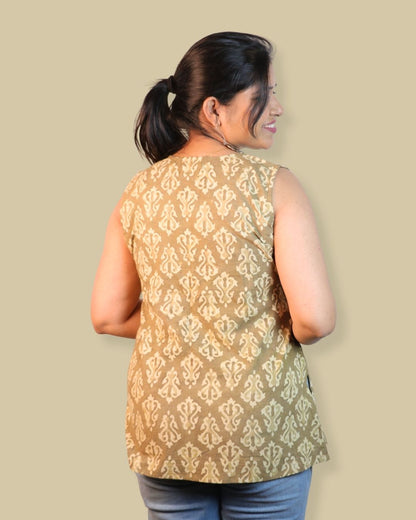 Block Print Green Cotton Sleeveless, front-slit peplum tunic
