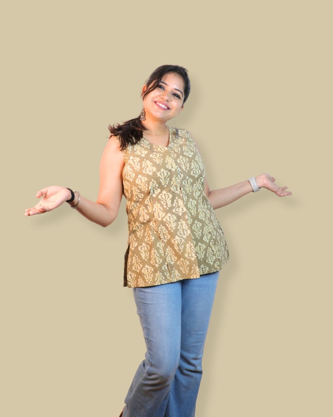 Block Print Green Cotton Sleeveless, front-slit peplum tunic
