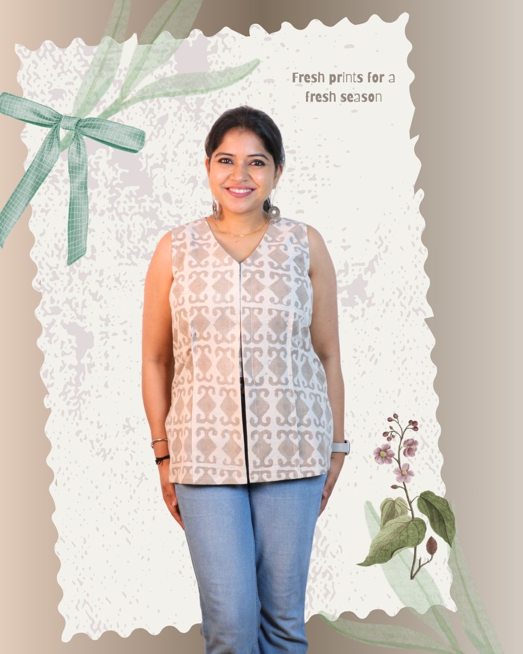 Block Print Grey Cotton Sleeveless, front-slit peplum tunic