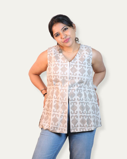 Block Print Grey Cotton Sleeveless, front-slit peplum tunic