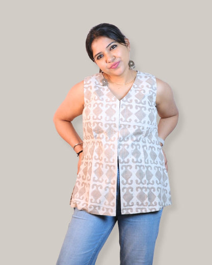 Block Print Grey Cotton Sleeveless, front-slit peplum tunic