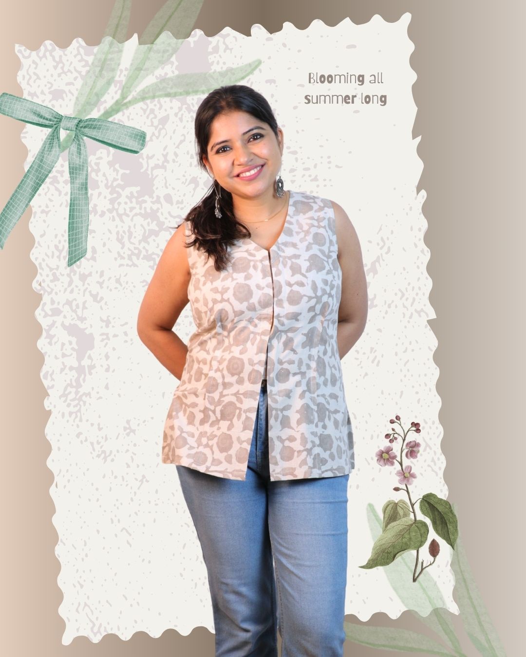 Block Print Grey and Beige Cotton Sleeveless, front-slit peplum tunic