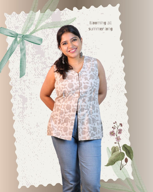 Block Print Grey and Beige Cotton Sleeveless, front-slit peplum tunic