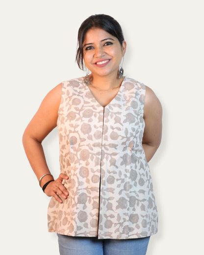 Block Print Grey and Beige Cotton Sleeveless, front-slit peplum tunic