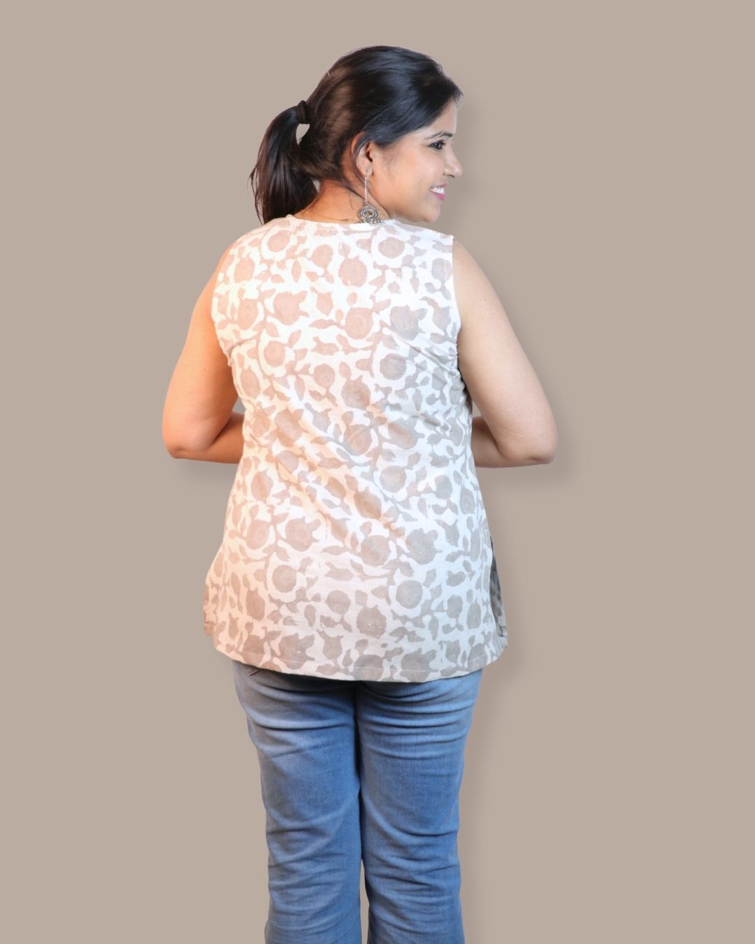 Block Print Grey and Beige Cotton Sleeveless, front-slit peplum tunic