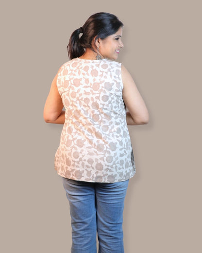 Block Print Grey and Beige Cotton Sleeveless, front-slit peplum tunic