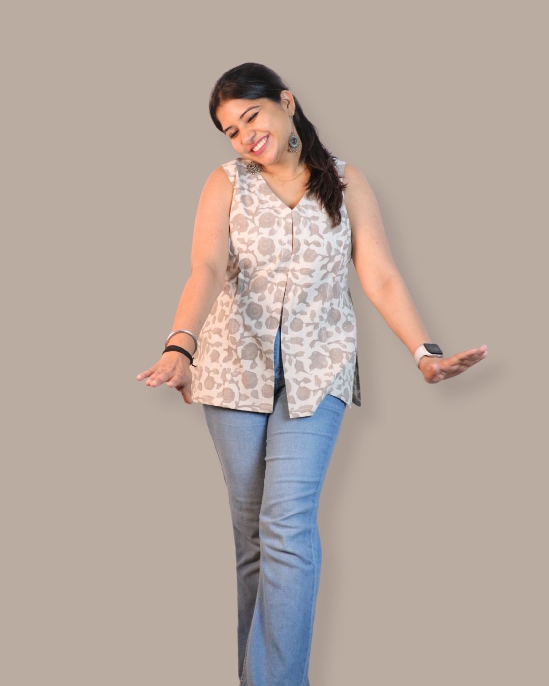 Block Print Grey and Beige Cotton Sleeveless, front-slit peplum tunic