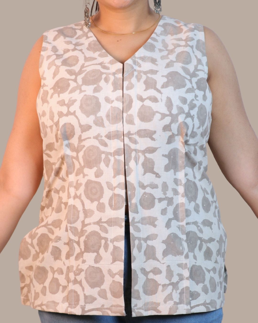 Block Print Grey and Beige Cotton Sleeveless, front-slit peplum tunic