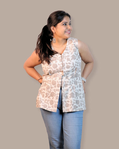 Block Print Grey and Beige Cotton Sleeveless, front-slit peplum tunic