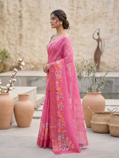 Maavish | Digital Floral Print Poly-Linen Saree Pink