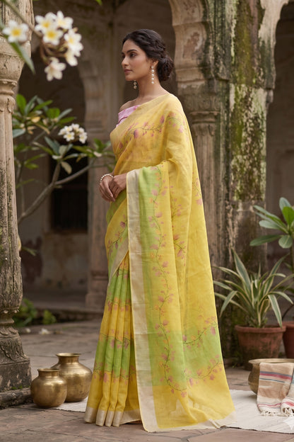 Maavish | Digital Floral Print Poly-Linen Saree Lemon