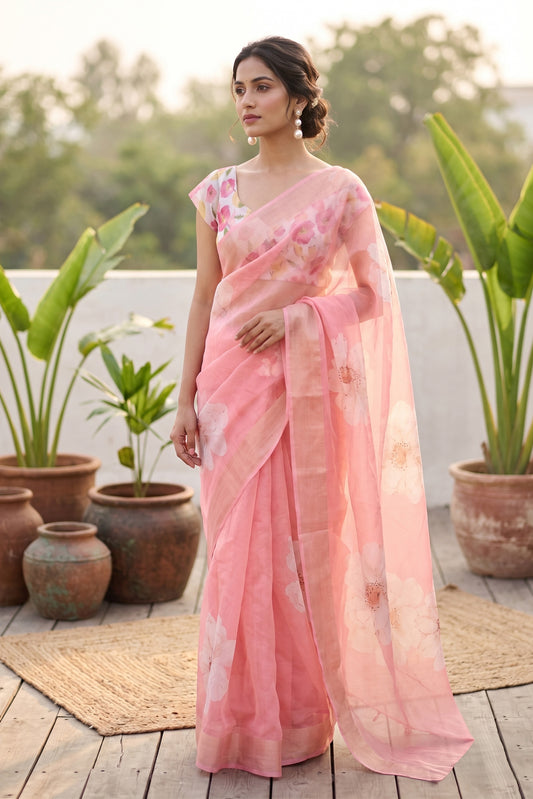 Maavish | Digital Floral Print Poly-Linen Saree Pink