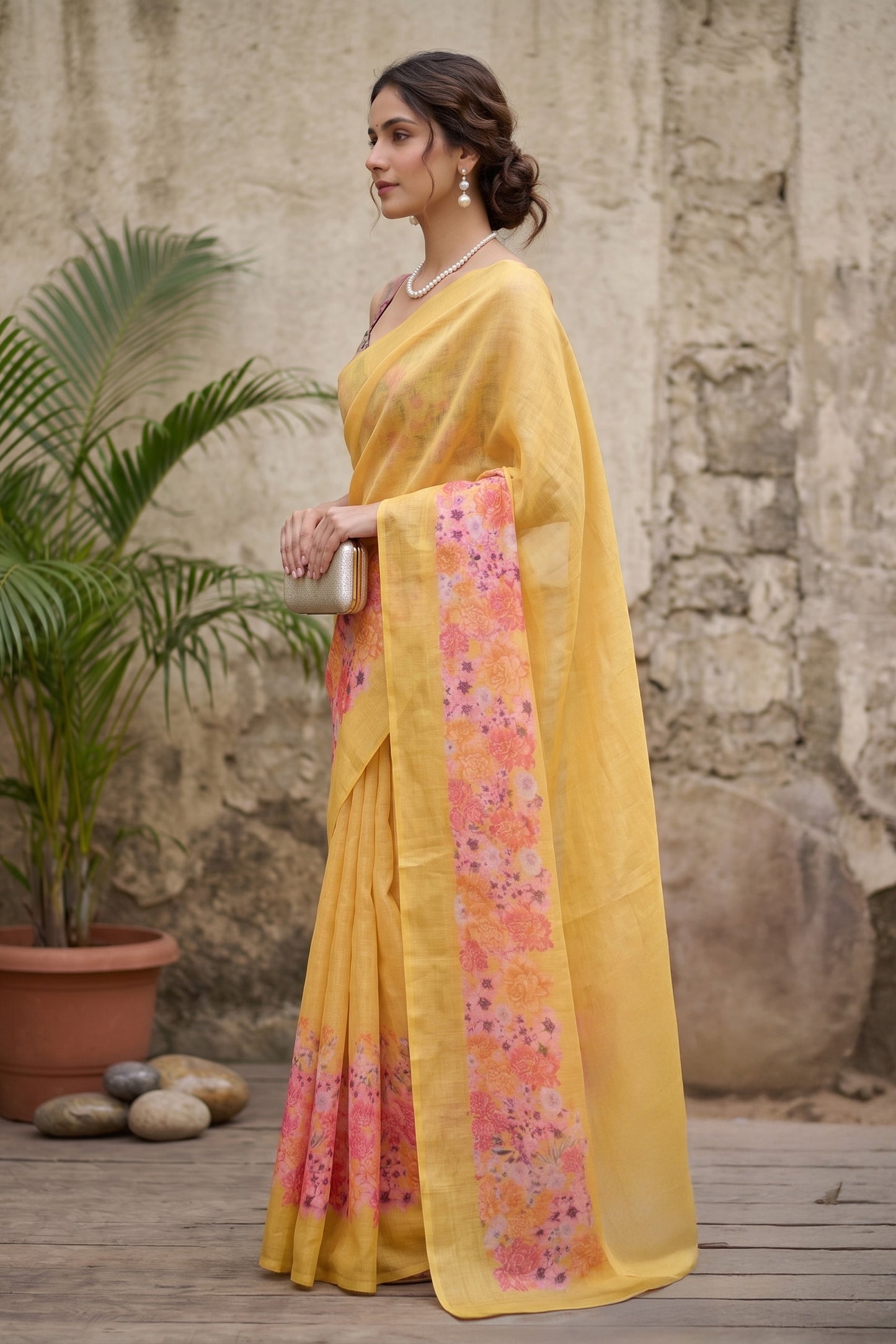 Maavish | Digital Floral Print Poly-Linen Saree Yellow