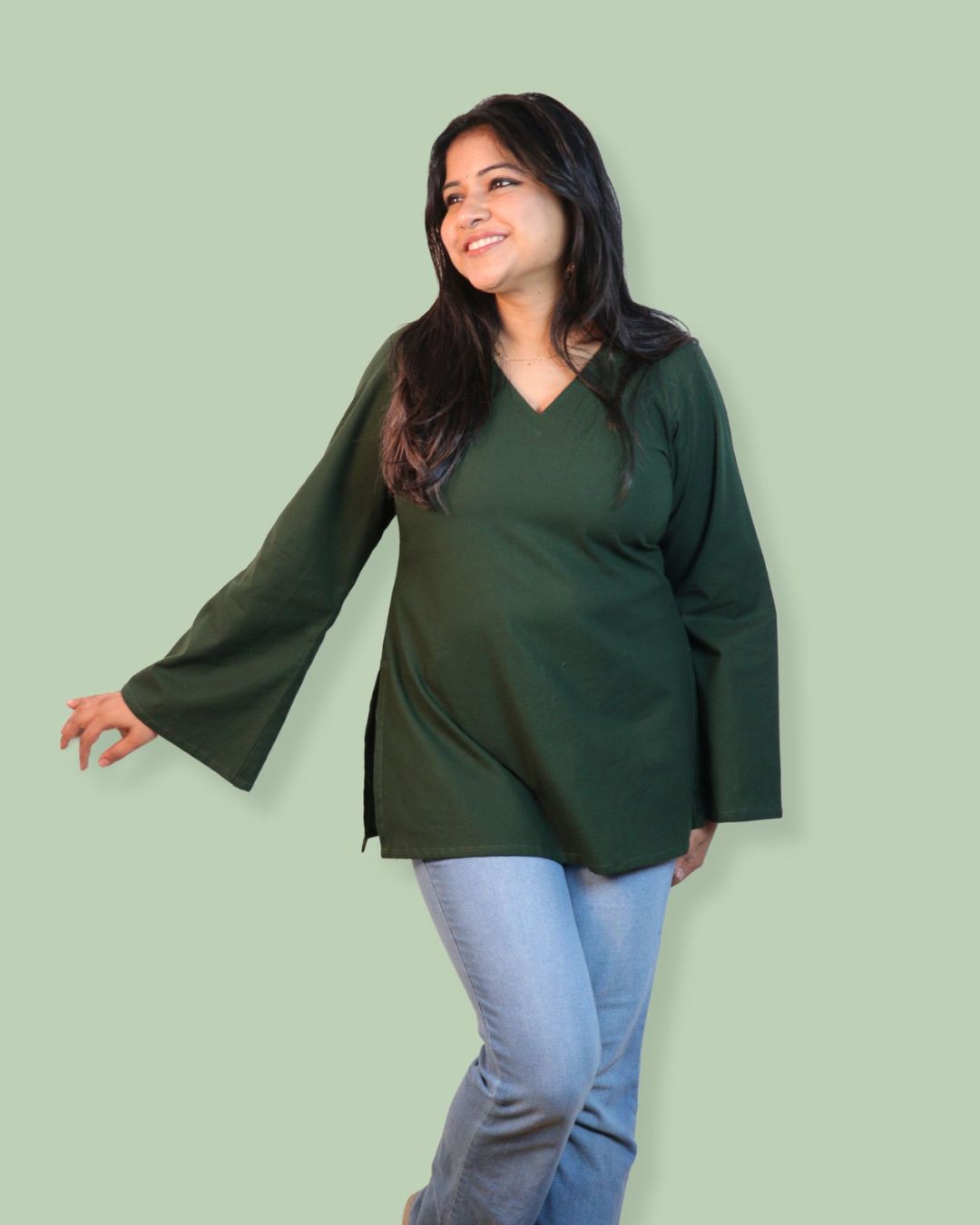 Solid Teal Green Bell Sleeve Short Kurta