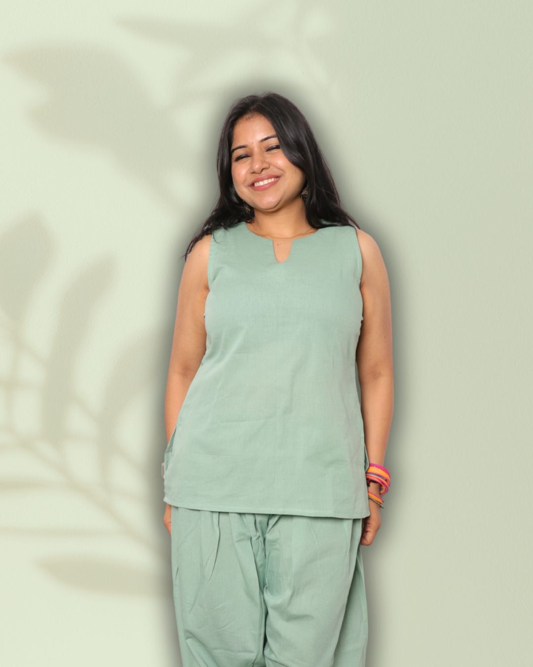 Solid Matt Green Sleeveless Pharsi Pant Kurti Set