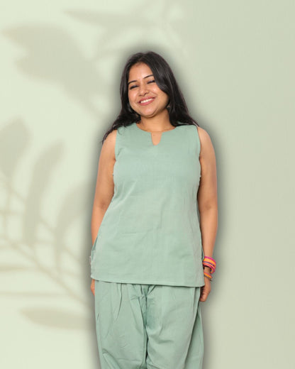 Solid Matt Green Sleeveless Pharsi Pant Kurti Set