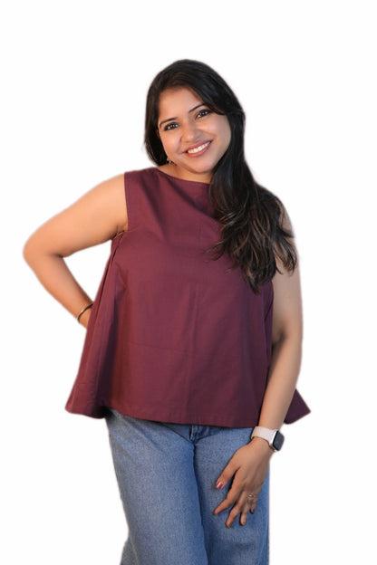 Maavish Wine Color Sleeveless Top with Side Smocking & Flared Hem Top
