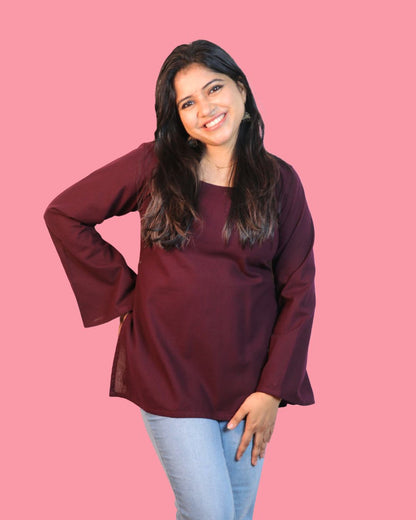 Solid Wine Bell Sleeve Short Kurta