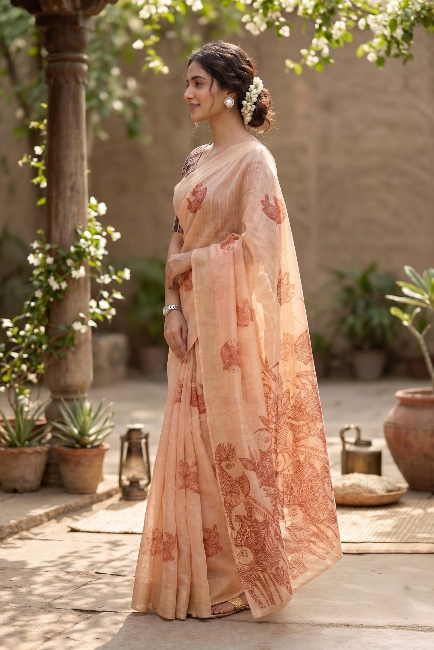 Maavish | Kalamkari-Inspired Digital Fish Print Poly-Linen Saree Red