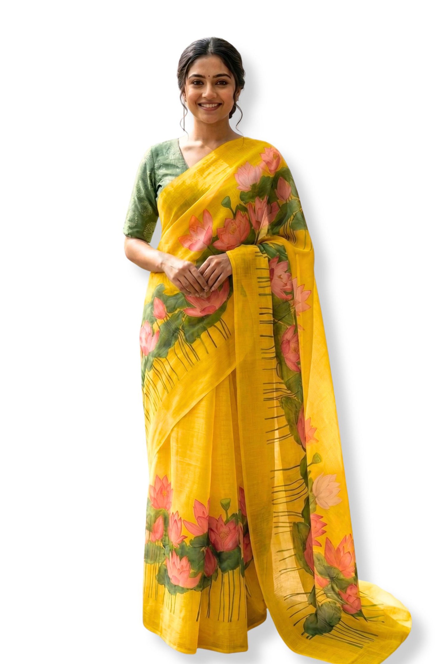 Maavish | Digital Lotus Print Poly-Linen Saree Yellow