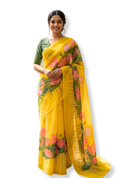 Maavish | Digital Lotus Print Poly-Linen Saree Yellow