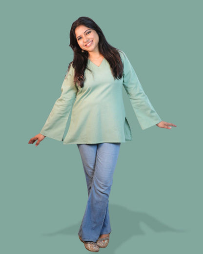 Solid Matt Green Bell Sleeve Short Kurta