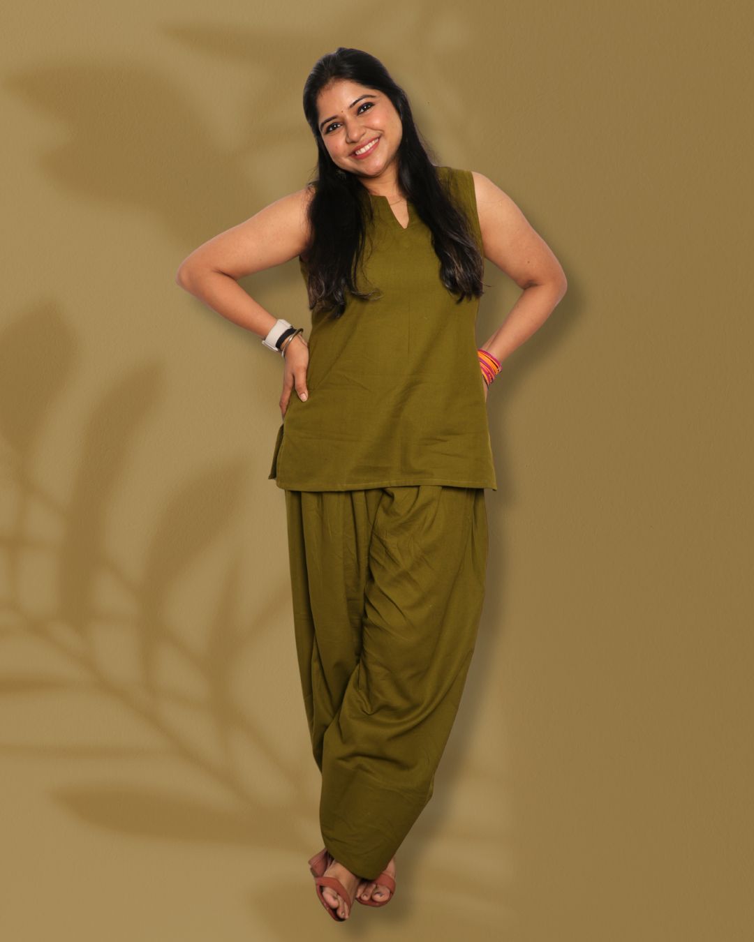 Solid Olive Green Sleeveless Pharsi Pant Kurti Set