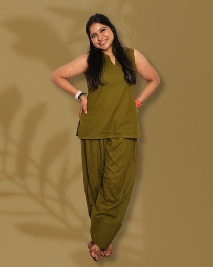 Solid Olive Green Sleeveless Pharsi Pant Kurti Set