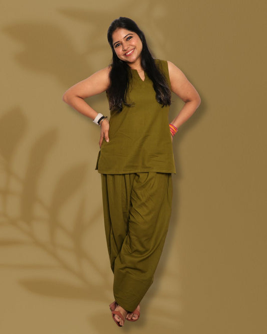 Solid Olive Green Sleeveless Pharsi Pant Kurti Set