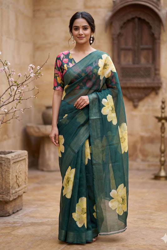 Maavish | Digital Floral Print Poly-Linen Saree Green
