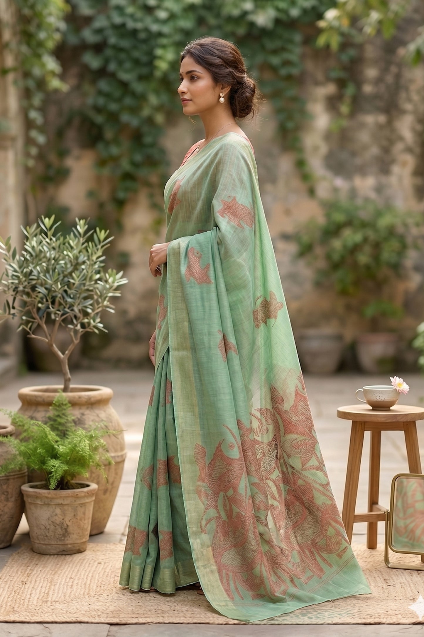 Maavish | Kalamkari-Inspired Digital Fish Print Poly-Linen Saree Green and Red