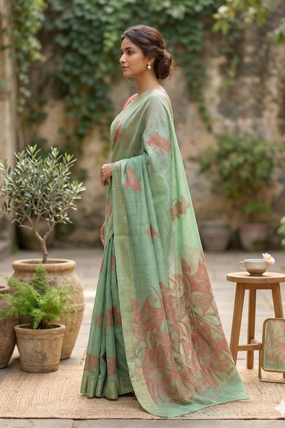 Maavish | Kalamkari-Inspired Digital Fish Print Poly-Linen Saree Green and Red