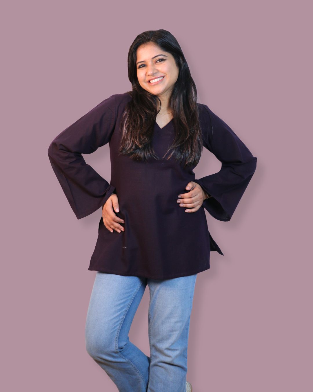 Solid Dark Purple Bell Sleeve Short Kurta