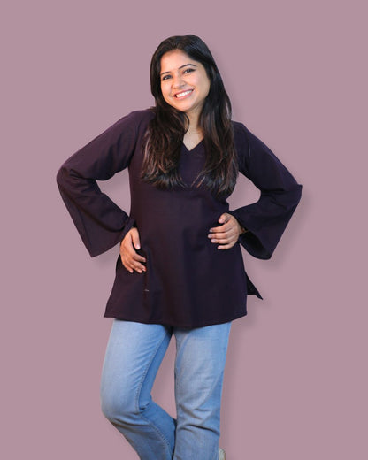 Solid Dark Purple Bell Sleeve Short Kurta